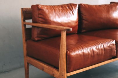 close up of a brown leather sofa